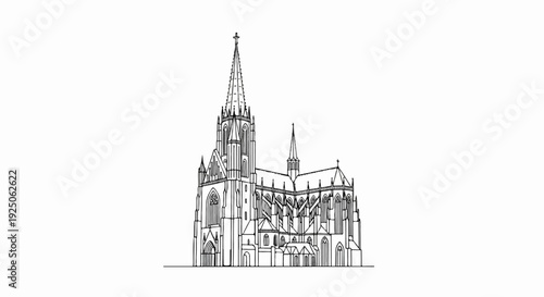 Detailed line drawing of a large gothic cathedral with spires and ornate architecture