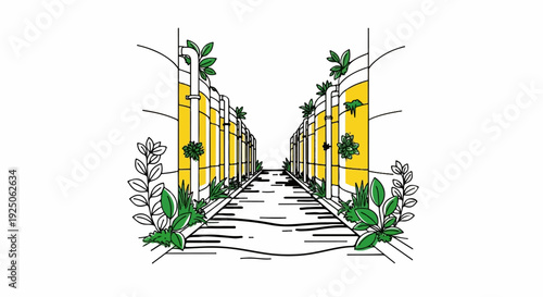Stylized pathway lined with tall yellow structures and lush green foliage