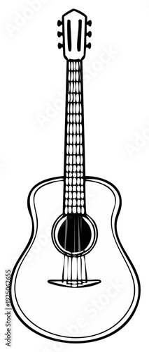 Acoustic guitar illustration in black and white, musical instrument outline