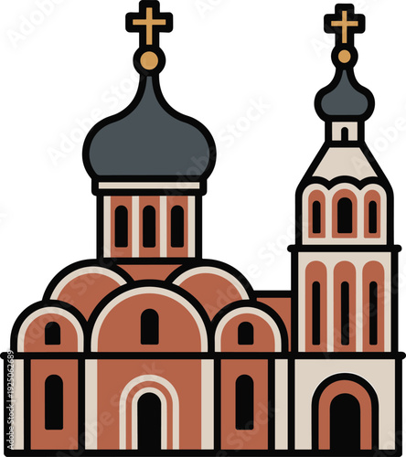 Stylized Eastern Orthodox church with onion domes, red beige and gray architecture, religious landmark illustration showcasing traditional cultural design and ornate vector art
