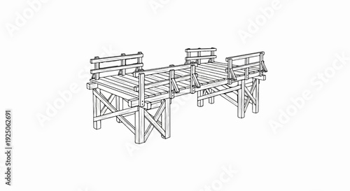 Detailed sketch of an old wooden pier with railings and support beams