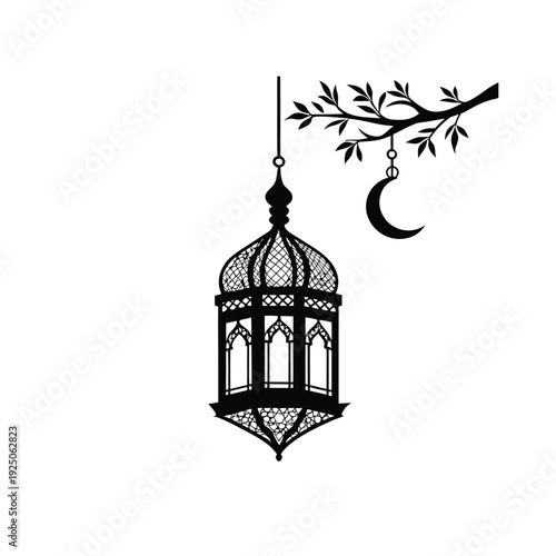 Elegant Arabic Ramadan Lantern Silhouette – Islamic Hanging Fanous Black and White Vector Illustration