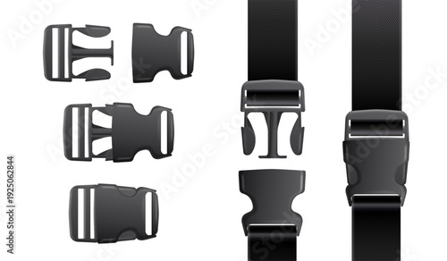 Realistic plastic buckle. Belt Quick fasteners, isolated safety clasp belts clip nylon strap fastex lanyard latch backpack travel luggage hiking rucksack, exact vector illustration
