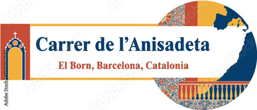 Colorful graphic with architectural, map and mosaic elements, and text