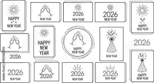 Collection of New Year's Eve greeting card designs for 2026