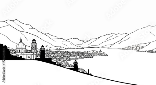 Lakeside town with domed church, clock tower, and lighthouses before mountains