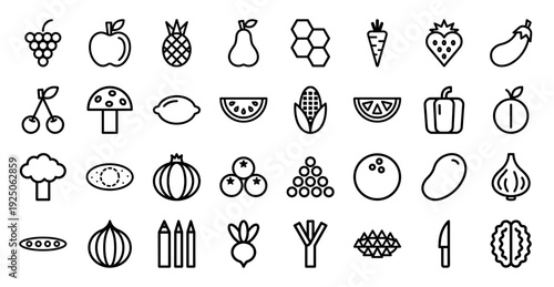 Vegetables and fruits monoline outline pictograms for healthy eating apps. Minimalist organic grocery and farm produce symbols in a uniform technical aesthetic.