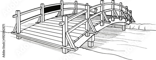 Curved wooden footbridge crossing a textured stream with shadow