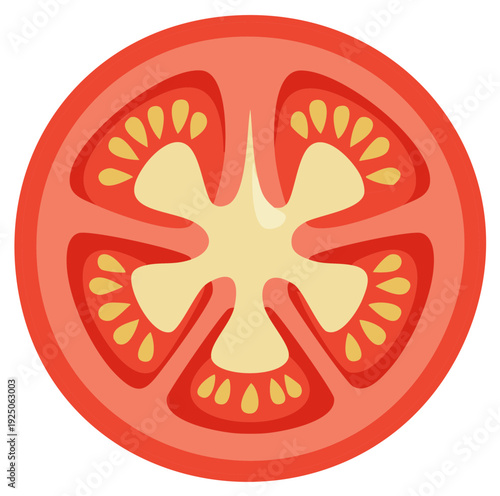 Cross section of a ripe red tomato with yellow seeds and juicy pulp