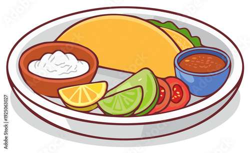 Colorful plate featuring a delicious taco accompanied by sour cream, salsa, lime, tomato, and lettuce.