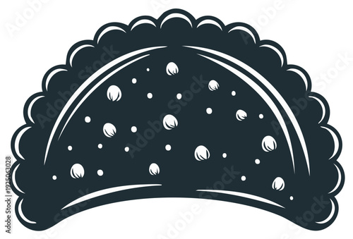 Stylized dark empanada or pastry with decorative edge and sprinkled filling