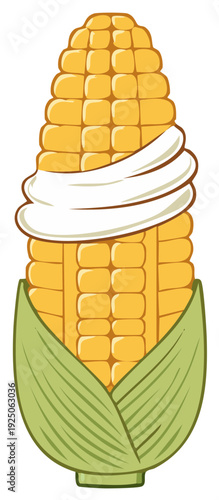 Stylized corn on the cob illustration with a white wrap and green husks