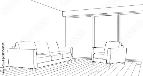 Minimalist living room with modern sofa and armchair by large windows