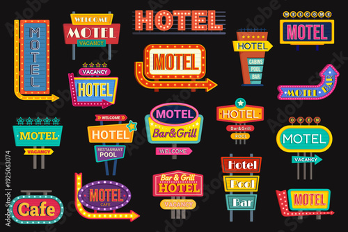Motel signboards. Vintage road billboards, retro classic american street signage hotel gas station cafe 1950s travel trip pointers sign city advertising, kicky vector illustration