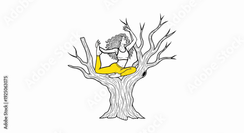 Woman in yoga pose perched in a bare, stylized tree