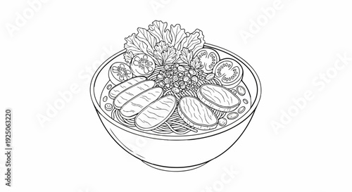 Detailed sketch of a bowl of noodles with meat, vegetables, and toppings
