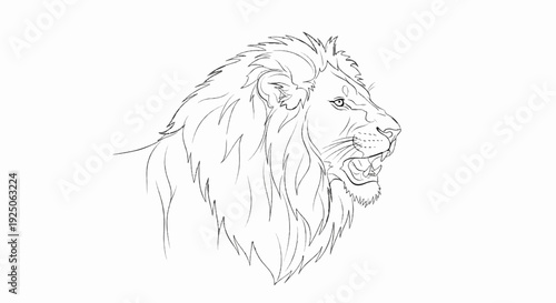 A black and white sketch of a lion's head in profile, roaring with its mouth open