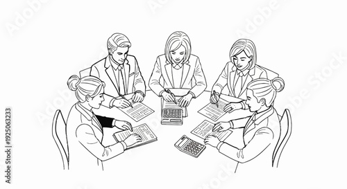 Five professionals in suits collaborate around a table with documents and calculators