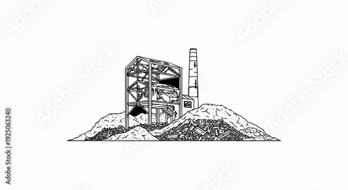 Ruined industrial structure with smokestack stands amid rubble