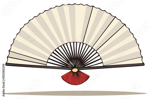 Traditional Japanese paper fan with delicate radiating lines and a red tassel detail