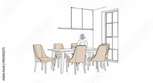Sketch of a dining room with a table, chairs, and a vase