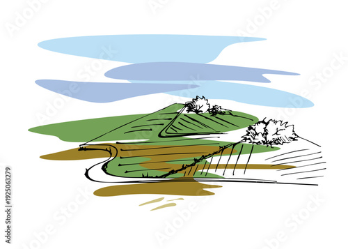 Farmland landscape featuring geometric field patches and open countryside. Ink hand drawn vector illustration, isolated. Sustainable farming graphics, eco farm food tourism brochures, infographics
