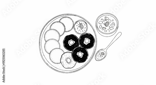 Hand-drawn illustration of a meal with donuts, savory fritters, and a soup