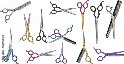 Assortment of various hairdressing scissors and combs