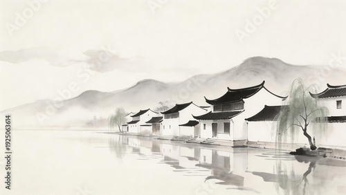 Ink wash painting depicting traditional Chinese waterfront houses with black-tiled roofs, willow trees, misty mountains, and reflections on calm water, capturing serene east Asian art style.