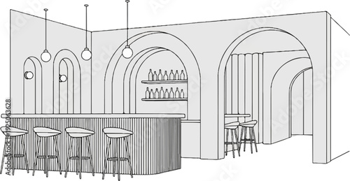 Interior sketch of a modern bar with arched openings and pendant lights