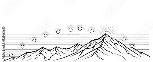 Stylized mountain range with a progression of suns across the sky.