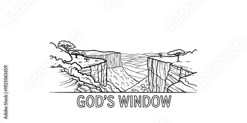 Stylized sketch of a grand canyon-like vista with trees on the rim and a vast, layered landscape