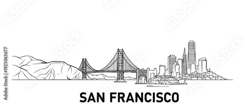 Iconic suspension bridge spans across a bay with city skyscrapers and hills