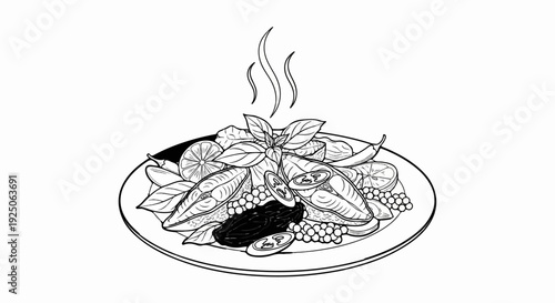 Hot serving of sliced fish, citrus, herbs, and berries on a plate