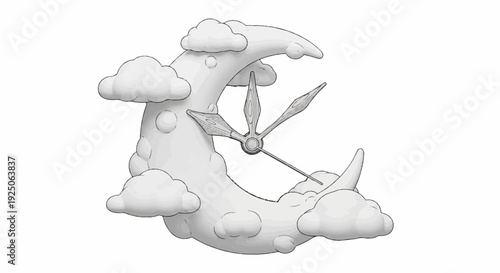 Whimsical crescent moon clock embraced by fluffy clouds, time passing