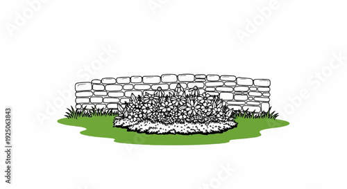 Whimsical illustration of a stone wall with a vibrant flower bed and green grass