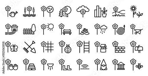 Garden and backyard maintenance line icons for landscaping services. Minimalist monoline pictograms featuring horticulture, outdoor living, and organic gardening equipment.