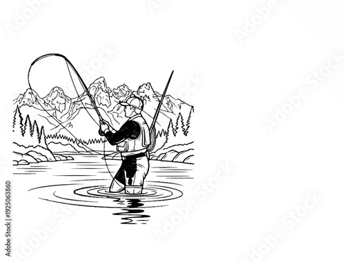 Fly fisherman casts in a mountain lake, with trees and peaks
