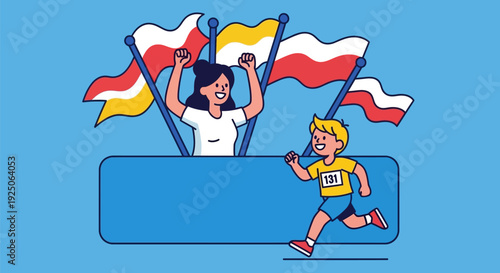 People cheering on a runner with flags.