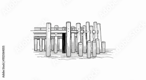 Black and white sketch of many wooden pilings in the water