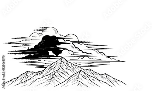 Dramatic clouds hover over jagged mountain peaks rendered in monochrome
