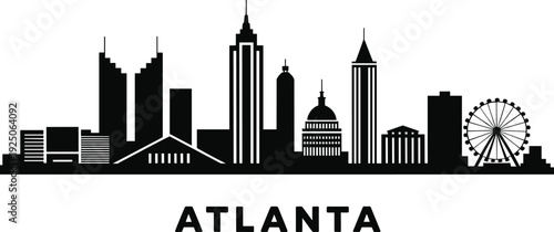 Minimalist black silhouette of Atlanta city skyline with iconic skyscrapers, Ferris wheel, and bold ATLANTA text, modern urban architecture vector illustration design