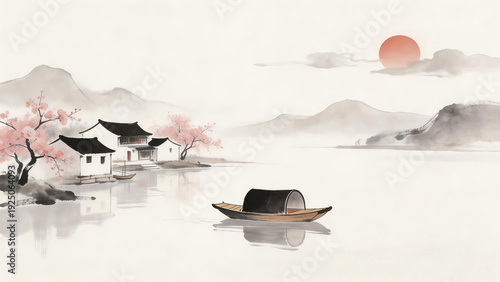 Traditional Chinese Ink Painting of Riverside Scenery
