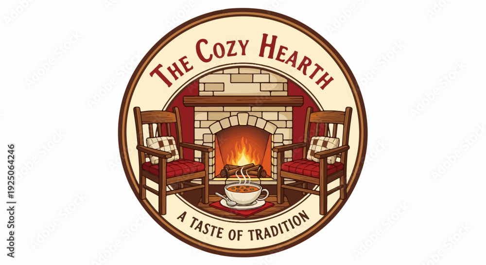Obraz premium Cozy scene with fireplace, chairs, and a bowl of soup