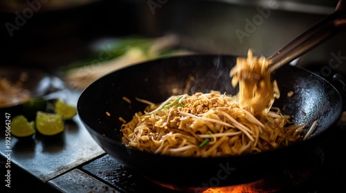 Stir-fried pad thai noodles with peanuts and lime wedges