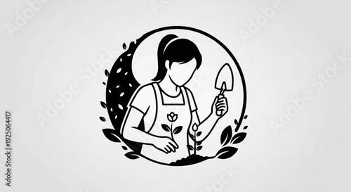 Person planting seedlings with a trowel amidst organic leafy design