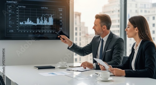 Business meeting analyzing cash flow chart on screen