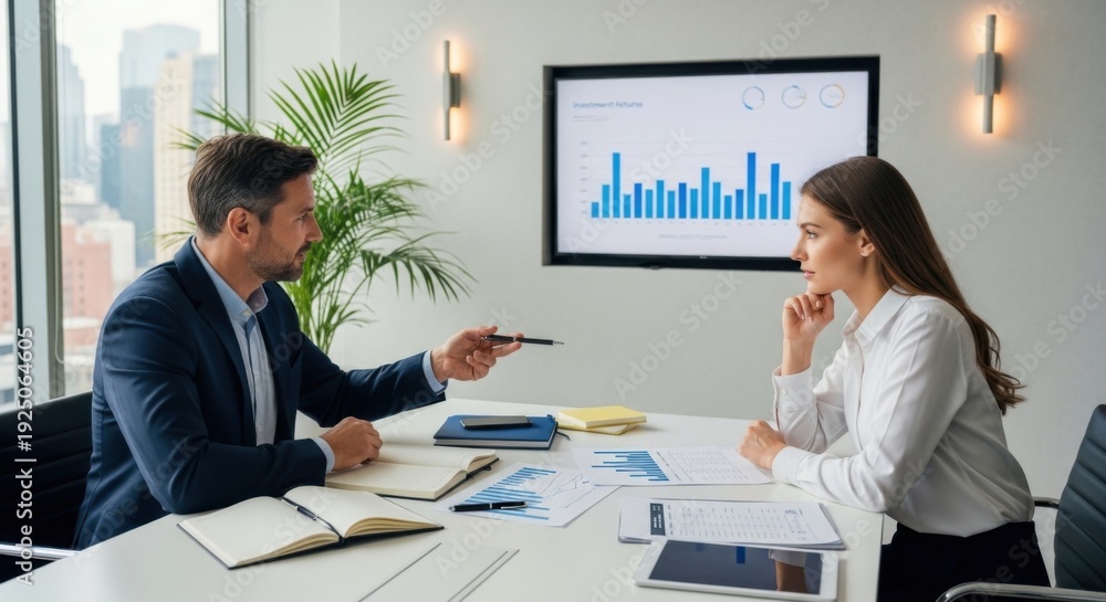 Fototapeta premium Business meeting with data analysis on screen