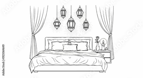 Bedroom scene with draped curtains, lanterns, and a candlelit nightstand