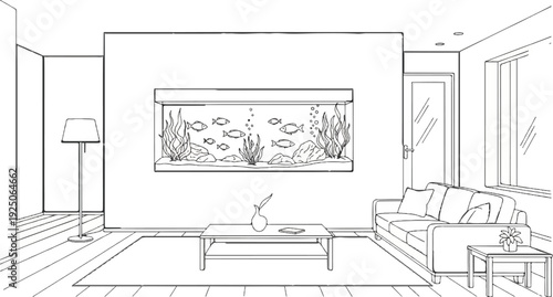 Sketch of a living room interior with a floor lamp, couch, coffee table, and aquarium